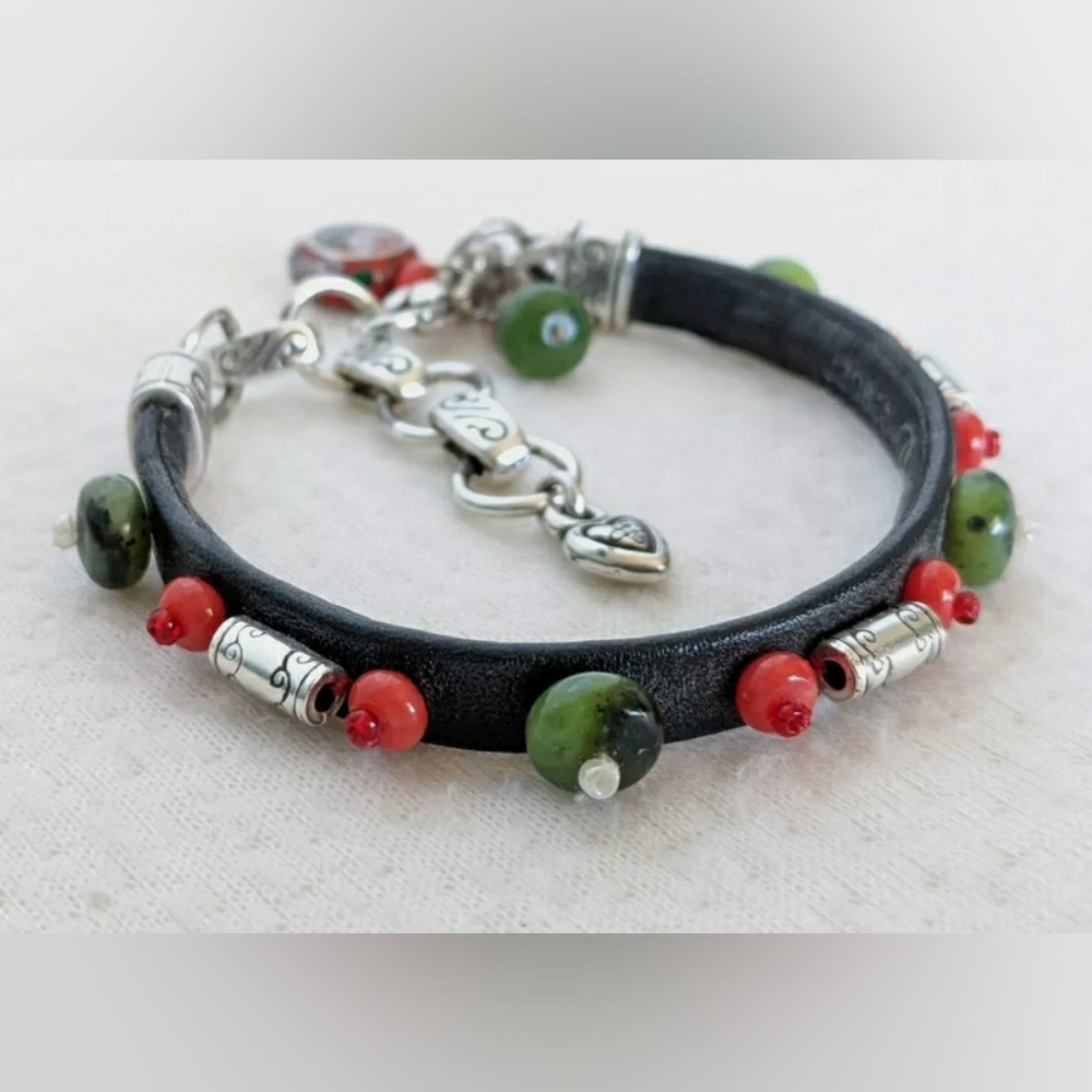 Retired Brighton Pagoda J30850 Red Coral Green Jade Cloisonne Leather Bracelet